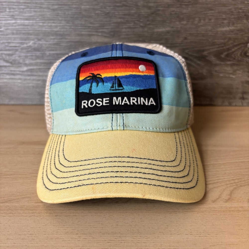 Rose Marina Hat Cap Snap Back Yellow Blue Trucker Mesh Patch Nautical Mens